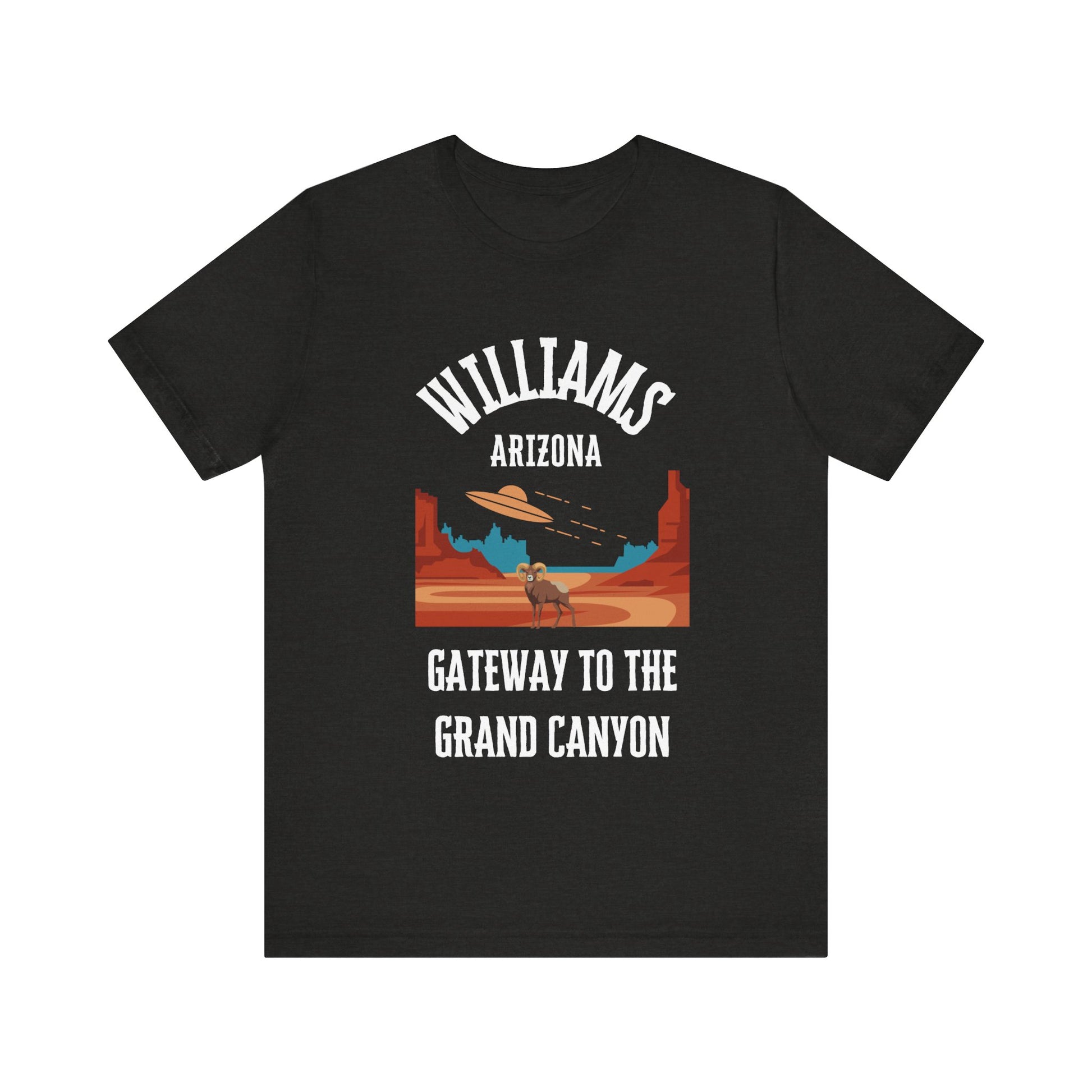 Black heather retro Arizona unisex jersey tee with Williams, AZ:: "Gateway to the Grand Canyon" design