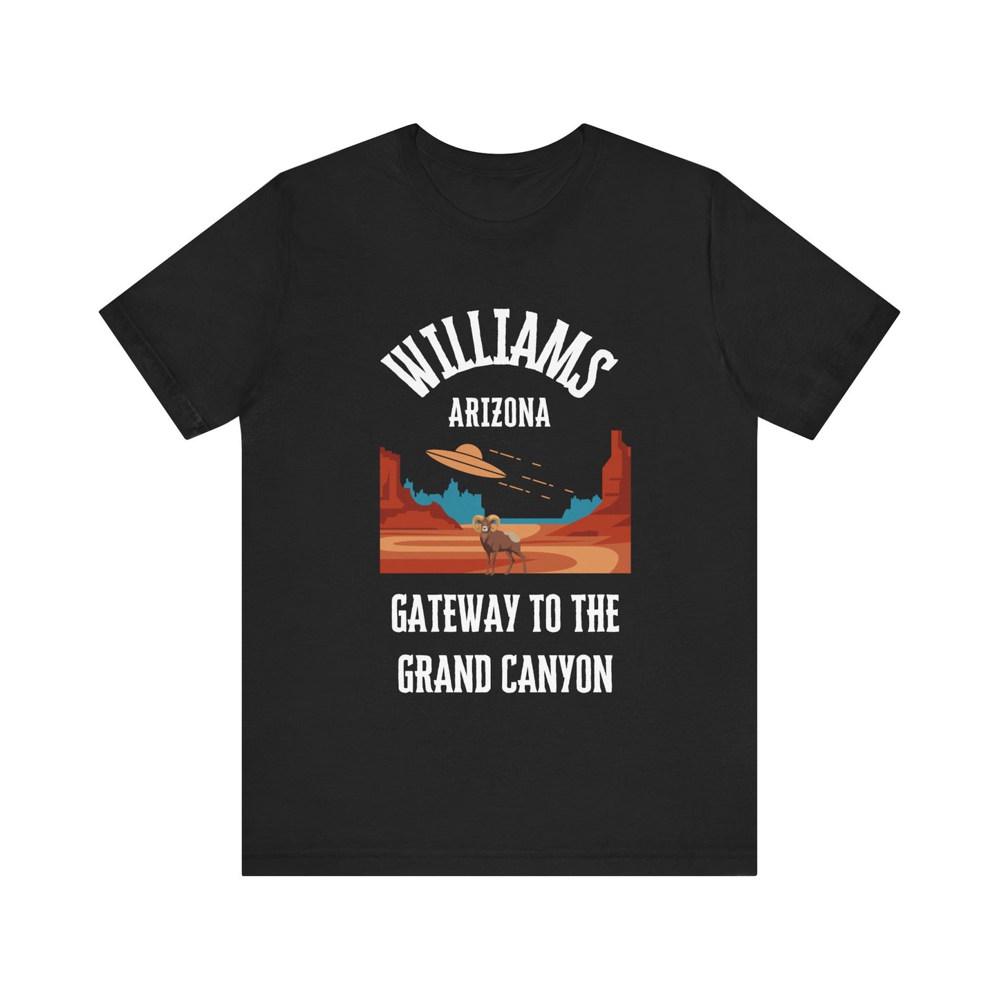 Black retro Arizona unisex jersey tee with Williams, AZ:: "Gateway to the Grand Canyon" design