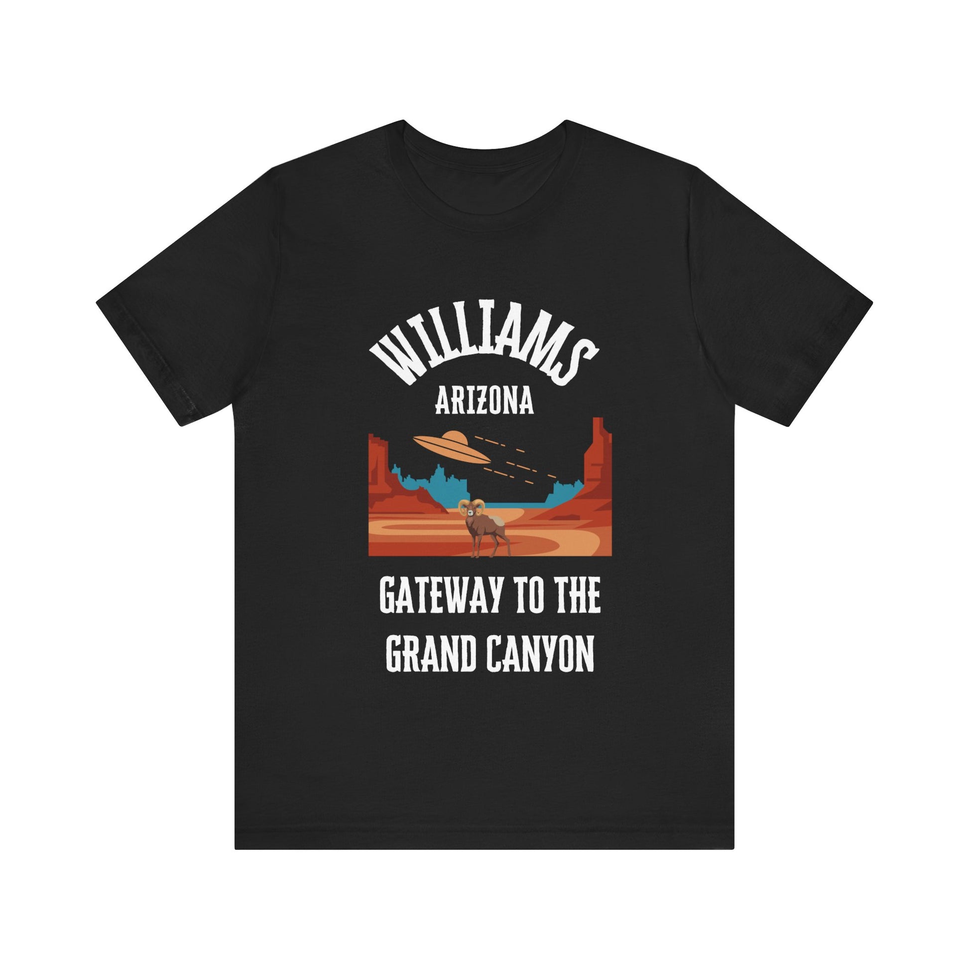 Black retro Arizona unisex jersey tee with Williams, AZ:: "Gateway to the Grand Canyon" design