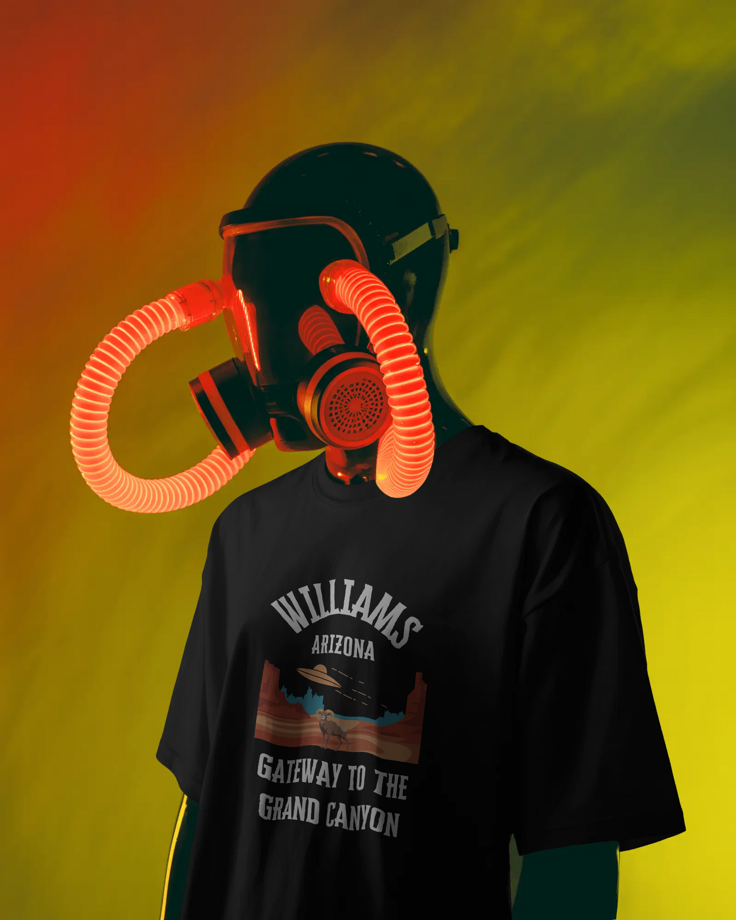 Robot model wearing a black retro Arizona unisex jersey tee with a Williams, AZ:: "Gateway to the Grand Canyon" design