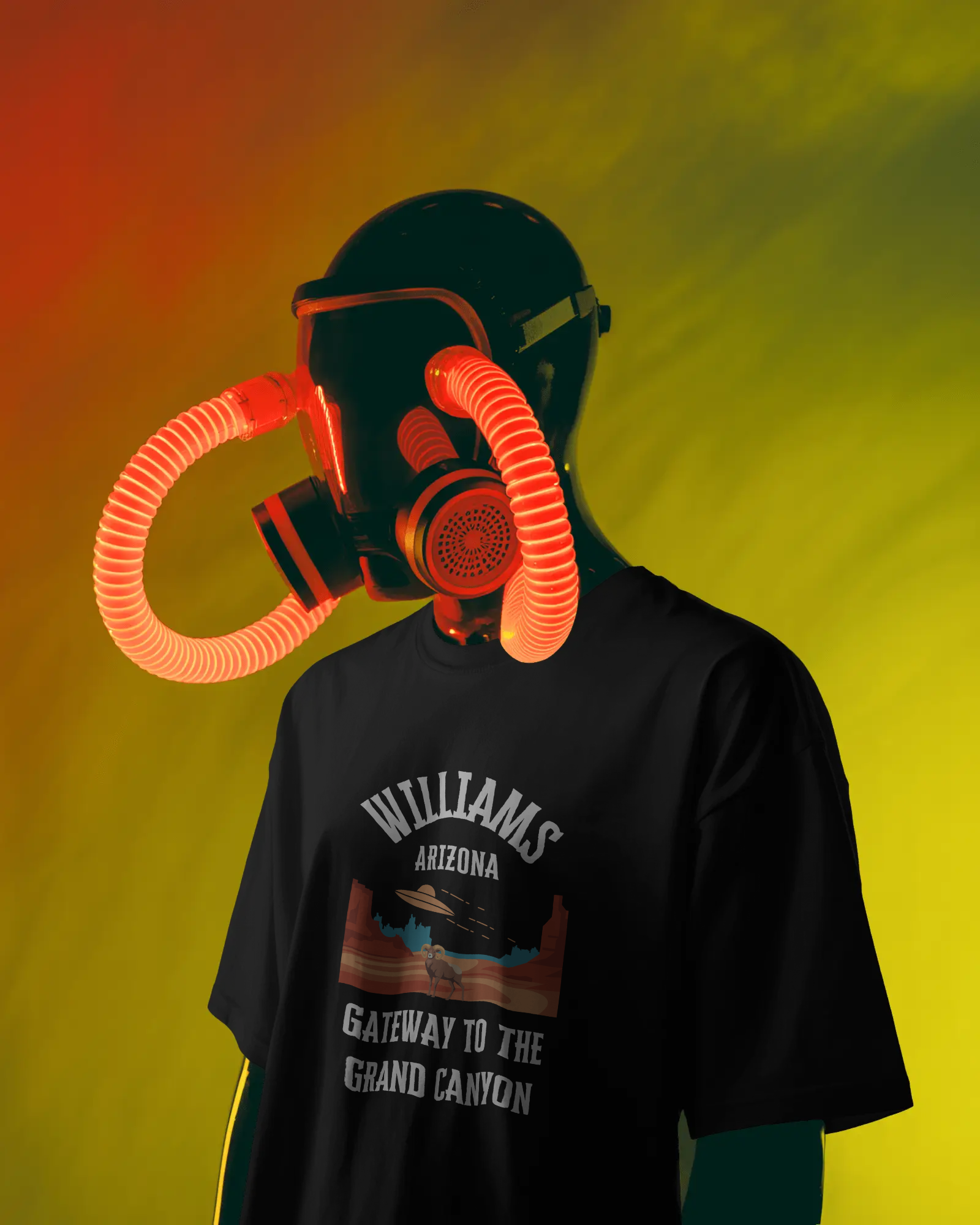 Robot model wearing a black retro Arizona unisex jersey tee with a Williams, AZ:: "Gateway to the Grand Canyon" design