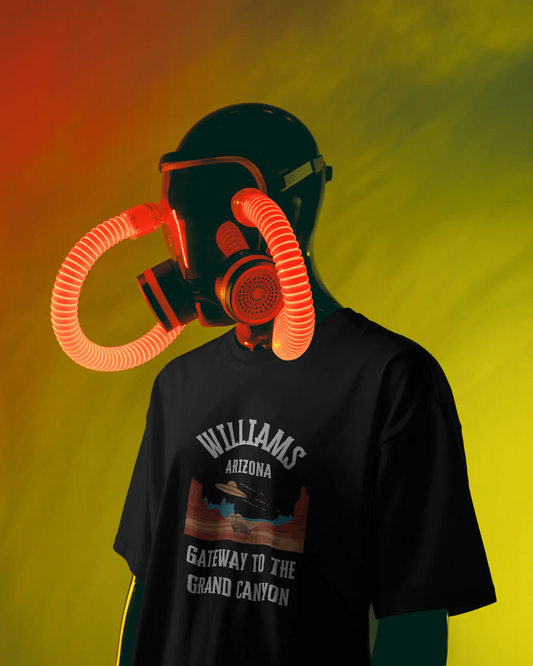 Robot model wearing a black retro Arizona unisex jersey tee with a Williams, AZ:: "Gateway to the Grand Canyon" design