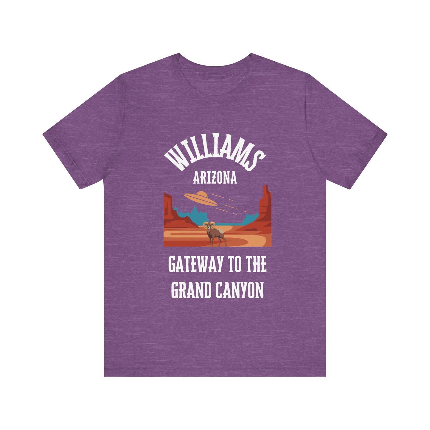 Heather team purple retro Arizona unisex jersey tee with Williams, AZ:: "Gateway to the Grand Canyon" design