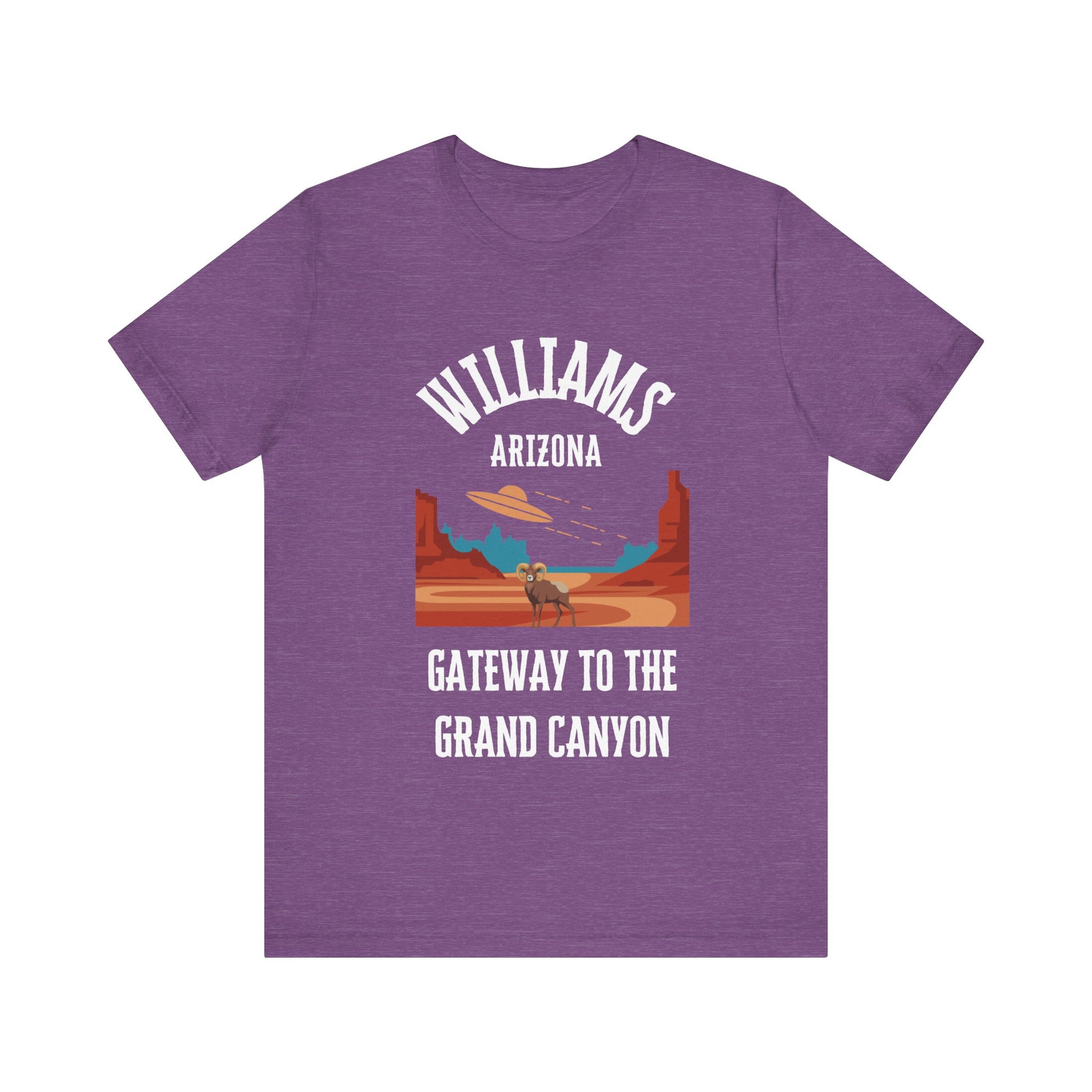 Heather team purple retro Arizona unisex jersey tee with Williams, AZ:: "Gateway to the Grand Canyon" design
