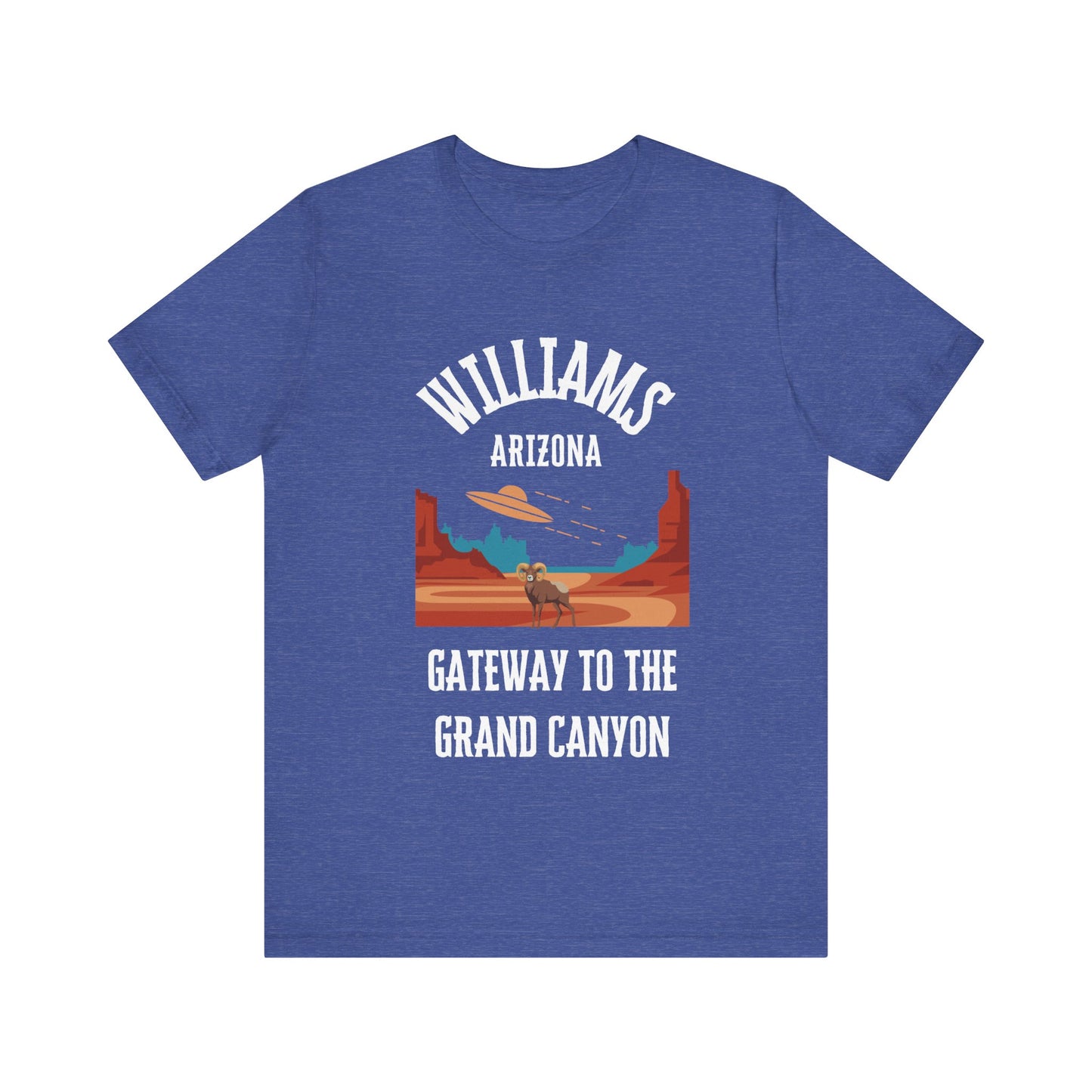 Heather true royal retro Arizona unisex jersey tee with Williams, AZ:: "Gateway to the Grand Canyon" design