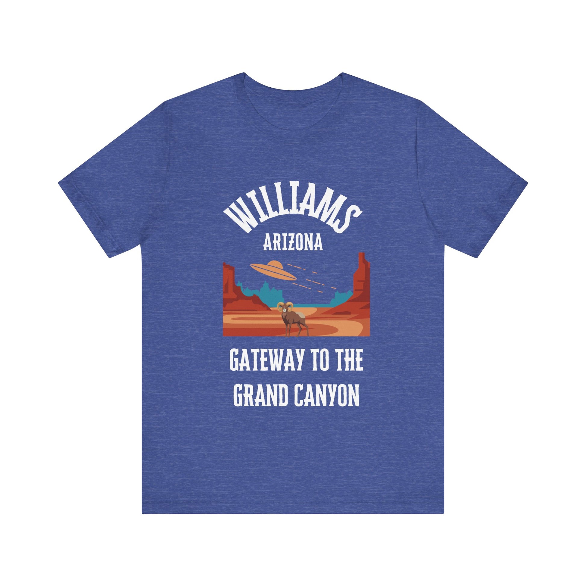 Heather true royal retro Arizona unisex jersey tee with Williams, AZ:: "Gateway to the Grand Canyon" design