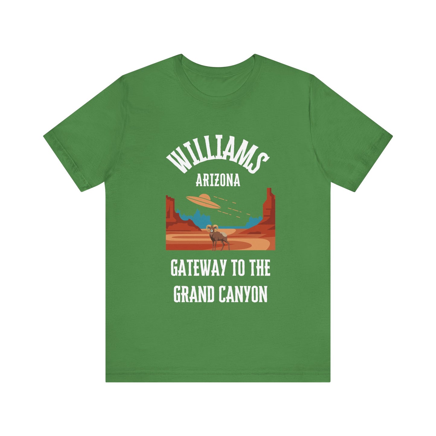 Leaf retro Arizona unisex jersey tee with Williams, AZ:: "Gateway to the Grand Canyon" design