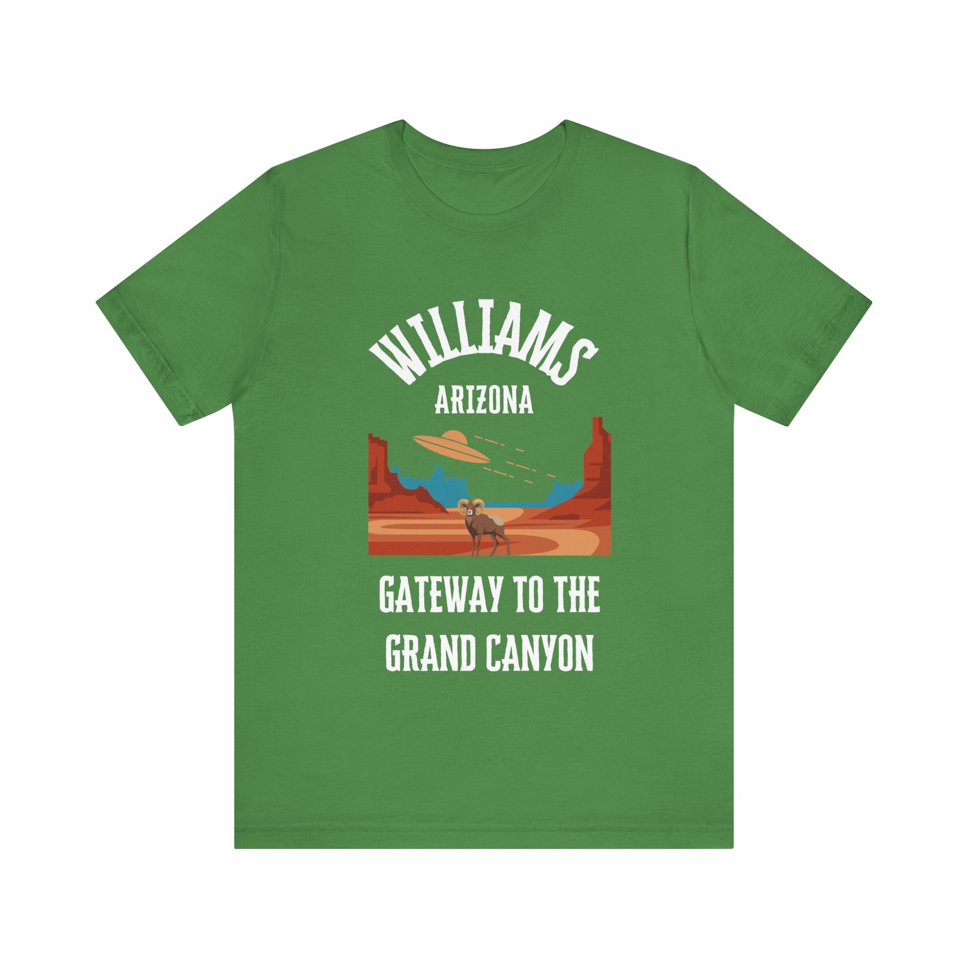 Leaf retro Arizona unisex jersey tee with Williams, AZ:: "Gateway to the Grand Canyon" design