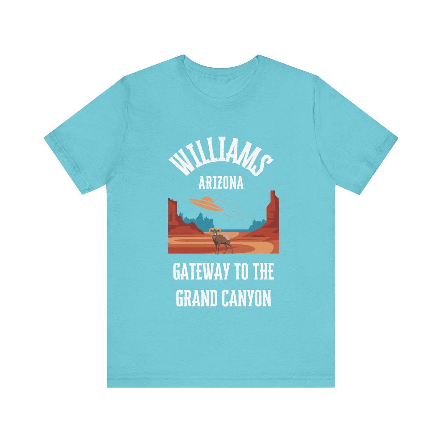 Turquoise retro Arizona unisex jersey tee with Williams, AZ:: "Gateway to the Grand Canyon" design