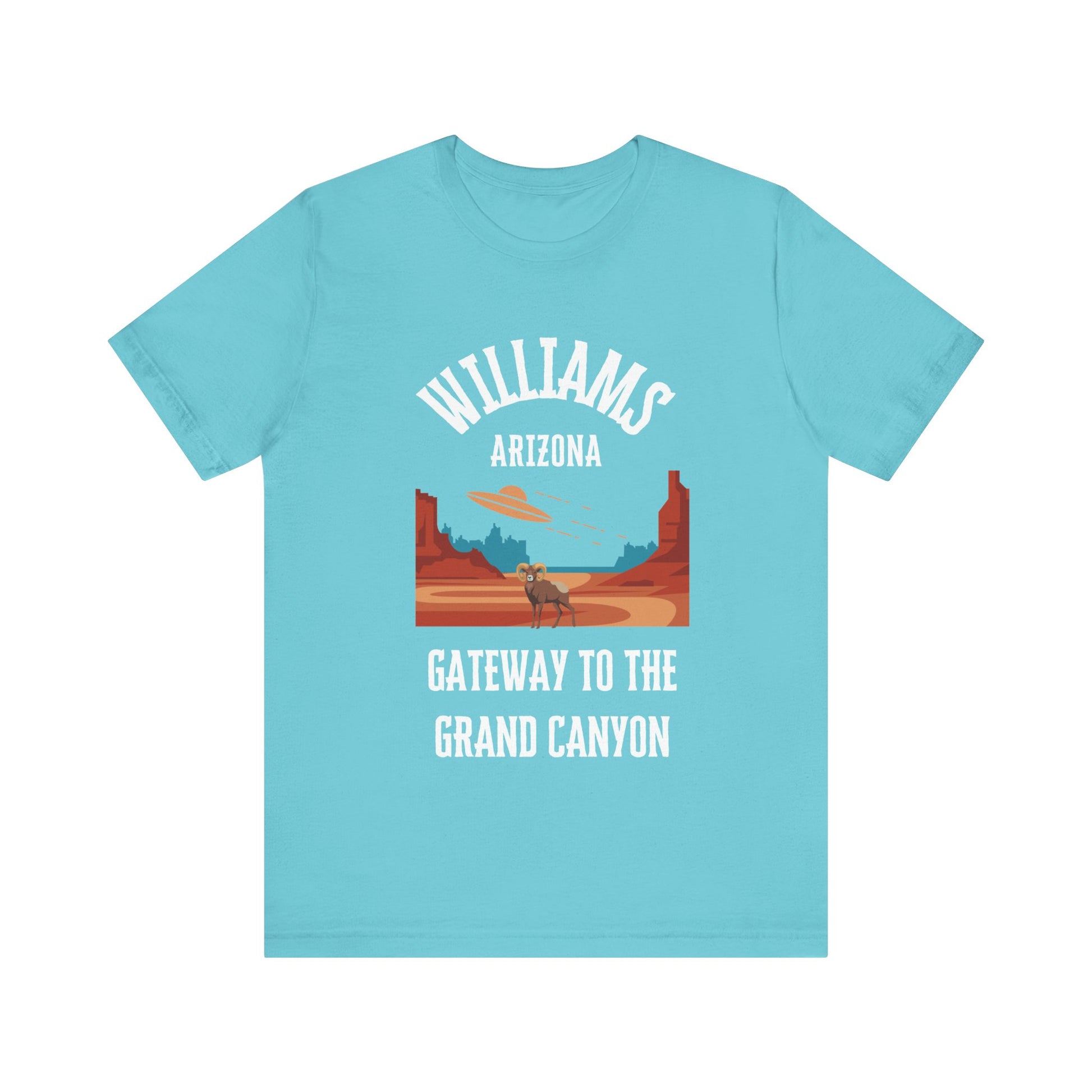 Turquoise retro Arizona unisex jersey tee with Williams, AZ:: "Gateway to the Grand Canyon" design