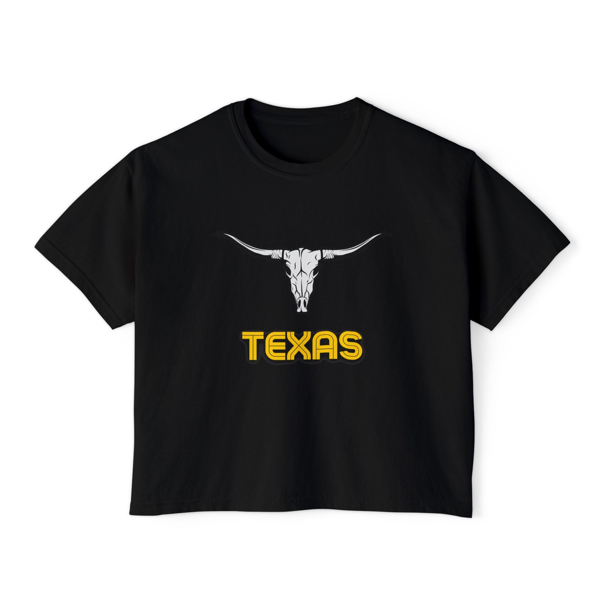 Flat lay of black Texas Longhorn boxy tee featuring a black longhorn skull graphic and bold yellow "Texas" text