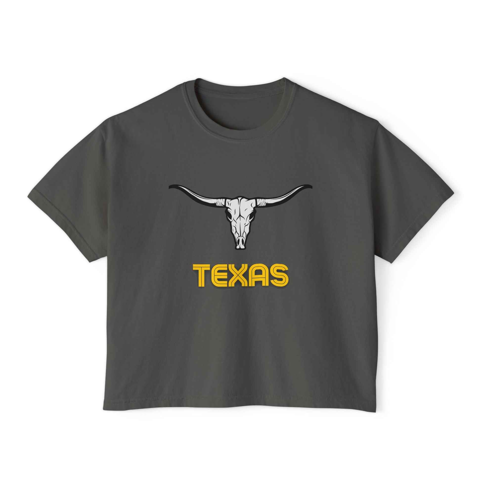 Flat lay of pepper Texas Longhorn boxy tee featuring a black longhorn skull graphic and bold yellow "Texas" text