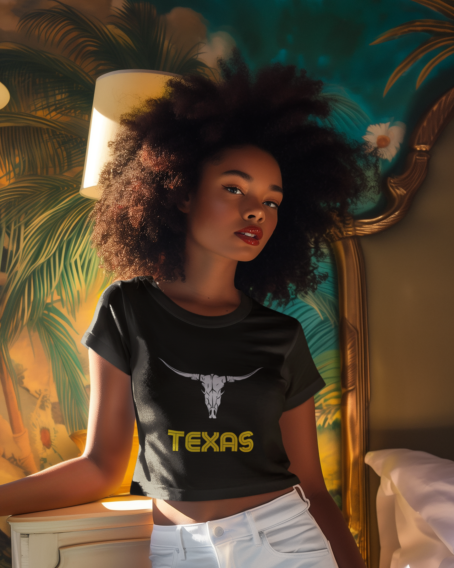 Beautiful woman wearing a black Texas Longhorn boxy tee with yellow lettering and longhorn skull graphic, standing indoors against a tropical wallpaper backdrop